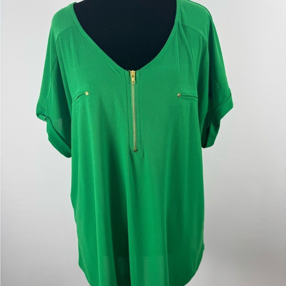Green Relaxed V-Neck Zippered Blouse vibrant color women’s 2xl
